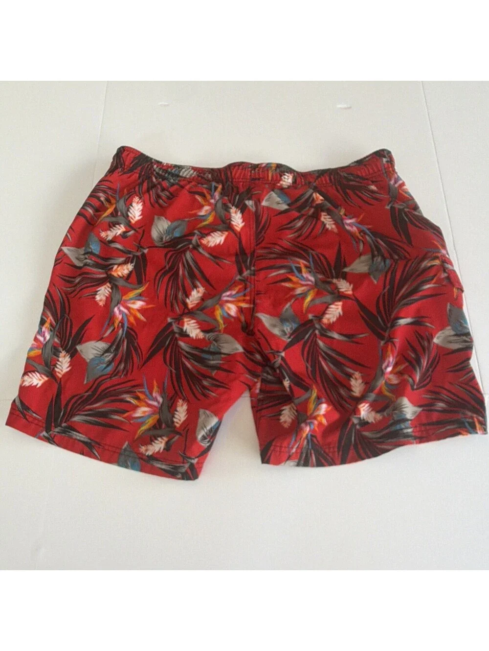 George Men's Tropical Floral Swim Shorts XL Red Drawstring Elastic Waist